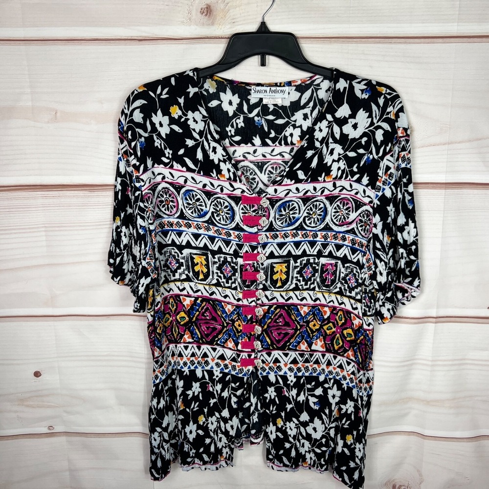Sharon Anthony Top Women 24W Multicolor Artsy Button Up Shirt Short Sleeve Rayon